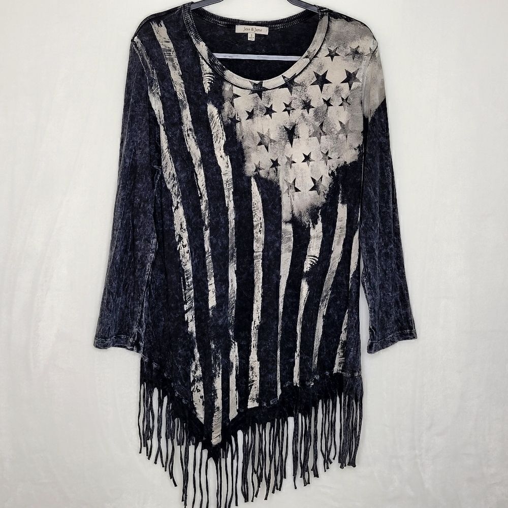 Jess & Jane American Flag Acid Wash Fringe Long Sleeve Top Size Small